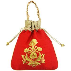 7407 Big Floral Embroidered Potli Bag Red